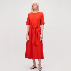 COS Orange Red Long A-Line Jersey Dress Belted T-Shirt Sz S Work‎ Party Vacation